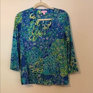 Lilly Pulitzer Blue and Green Graphic Blouse with 3/4 Sleeves